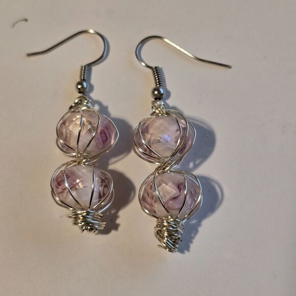 Handmade Pink Glass Bead Wire Wrapped Dangle Earrings Silver Tone - Picture 5 of 5